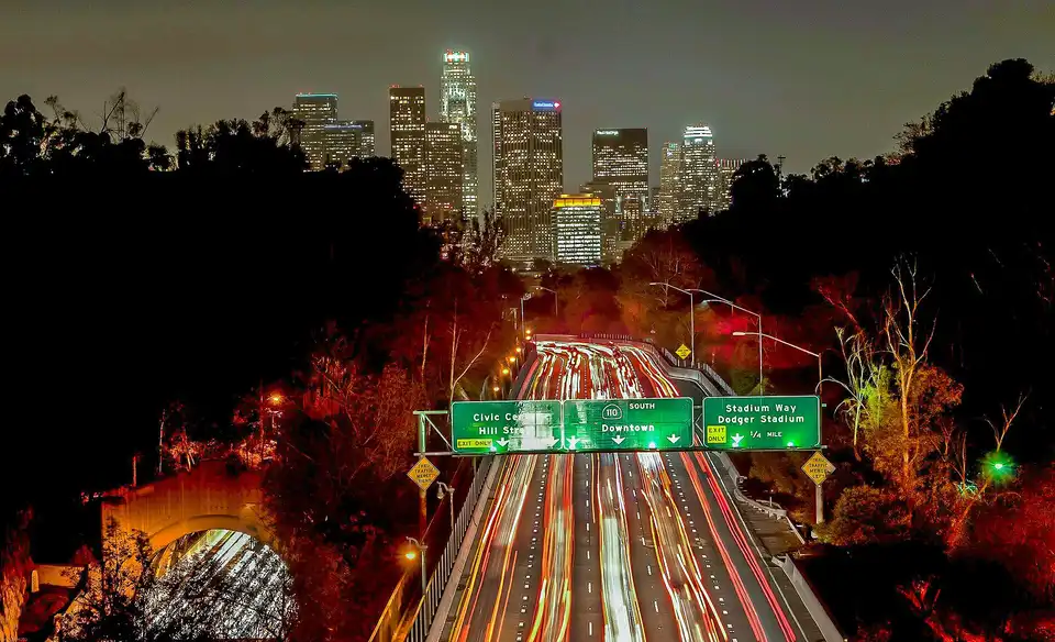 Los Angeles and skyline at night, California, U.S.